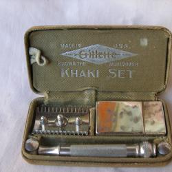 WW1/2 US RASOIR AM&Eacute;RICAIN MILITAIRE " GILLETTE KHAKI SET " NEUF DANS SON &Eacute;TUI BO&Iuml;TE D'EMBALLAGE M&Eacute;TA