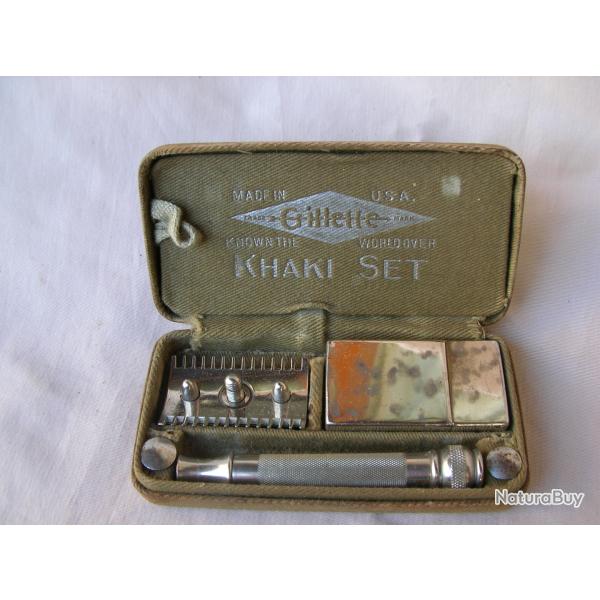 WW1/2 US RASOIR AM�RICAIN MILITAIRE " GILLETTE KHAKI SET " NEUF DANS SON �TUI BO�TE D'EMBALLAGE M�TA