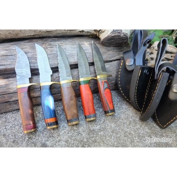 LOT DE 5 Couteau Skinner Damas Lame 256 Couches Manche Bois Fabric Artisan Etui Cuir
