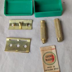 WW2/POST US RASOIR D&Eacute;MONTABLE " S B " DOR&Eacute; AM&Eacute;RICAIN LAME LUCKY BLADE DANS SA BO&Iuml;TE PLASTIQUE VERTE