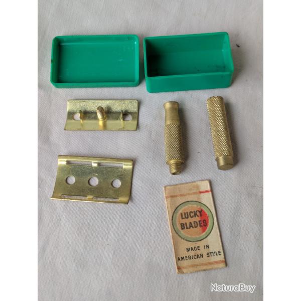 WW2/POST US RASOIR D�MONTABLE " S B " DOR� AM�RICAIN LAME LUCKY BLADE DANS SA BO�TE PLASTIQUE VERTE