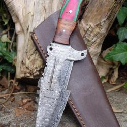 Couteau de Chasse Trakker Damas Lame 256 Couches Manche Bois Arlequin Fabric Artisan Etui Cuir