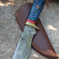 Skinner Couteau Damas Lame 256 Couches Lame Drop Point Manche Atlantide Fabr Artisanale Etui Cuir