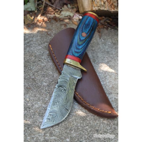 Skinner Couteau Damas Lame 256 Couches Lame Drop Point Manche Atlantide Fabr Artisanale Etui Cuir