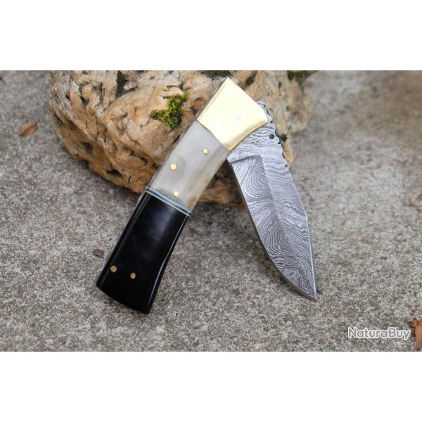 Beau Couteau Damas Lame Drop Point 128 Couches Manche B�lier & R�sine Fabric Artisanale Linerlock 02