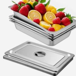 Lot de 4 Plats &agrave; Four en Inox Bac Inox Alimentaire avec Couvercle 53,7x33x9,5 cm