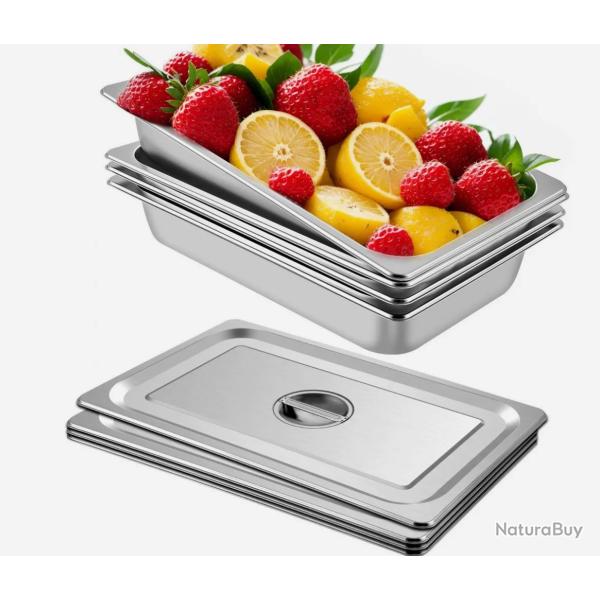 Lot de 4 Plats � Four en Inox Bac Inox Alimentaire avec Couvercle 53,7x33x9,5 cm