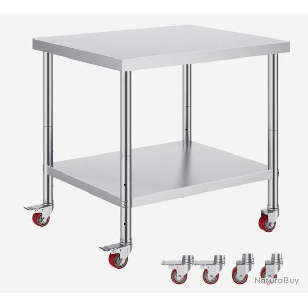 Table de Travail Cuisine Inox 91x76x86 cm avec Roulettes et Freins