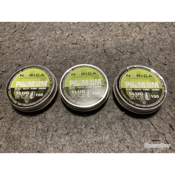 Lot de 3 boites soit 300 plombs Norica cal 9mm/.35 poids 4.85g / 75 grains lot10