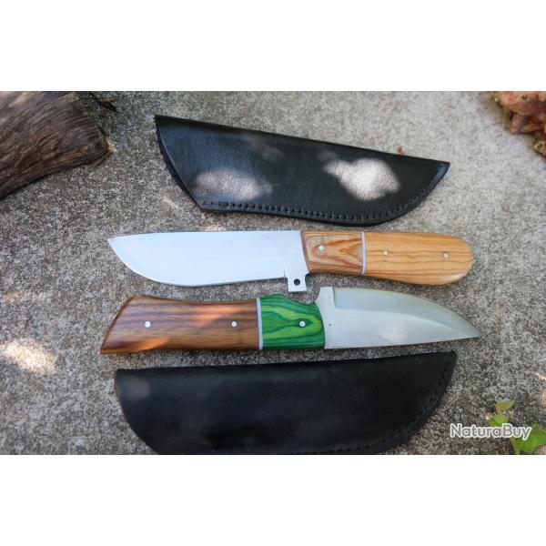 Lot de 2 Couteau de Chasse Skinner Lame Drop Point Acier Carbone 1055 Manche Bois Etui F Artisanale