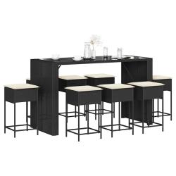 Ensemble de bar de 9 pcs avec coussins noir poly rotin