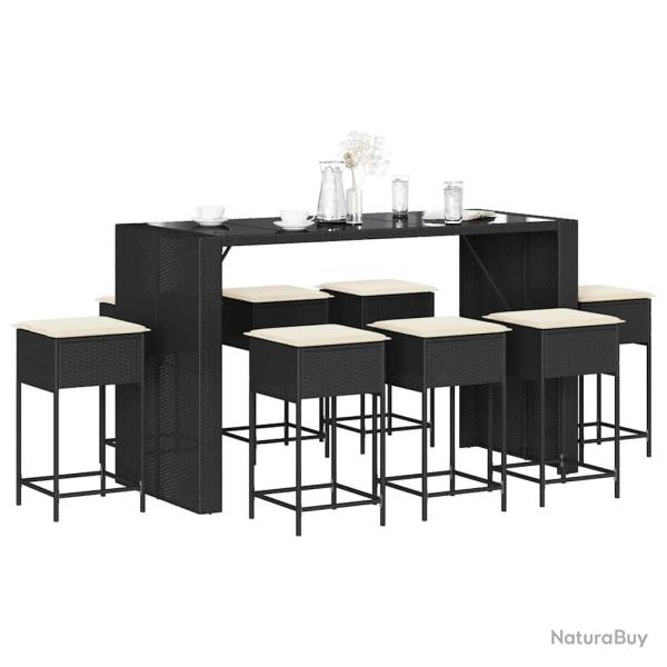 Ensemble de bar de 9 pcs avec coussins noir poly rotin