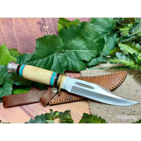Couteau de Chasse Rando Rite Edge Silver Day Lame Acier Inox Manche Os/Turquoise Etui Cuir