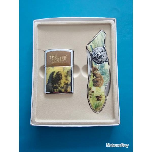 COFFRET COUTEAU + BRIQUET THEME INDIEN ET OURS