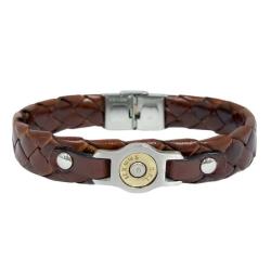 Bracelet acier et cuir tress&eacute; plat BANG BANG Marron, 22 cm