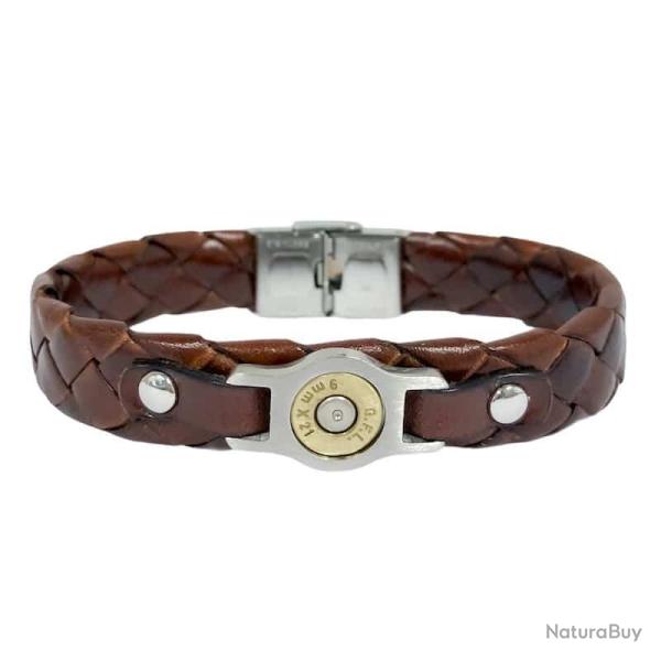 Bracelet acier et cuir tress� plat BANG BANG Marron, 22 cm