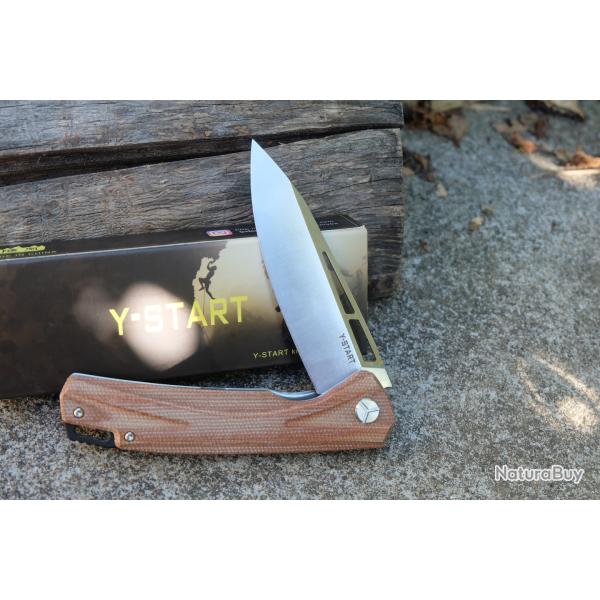 Couteau Y-START Lame Acier VG10 Drop Point Satin Manche Natural Micarta Linerlock IKBS Clip