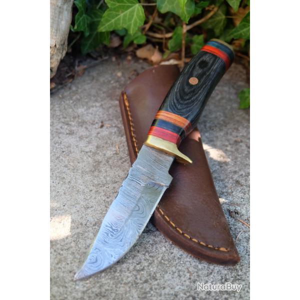 Skinner Couteau Damas Lame 256 Couches Lame Drop Point Manche Smoke Fabr Artisanale Etui Cuir