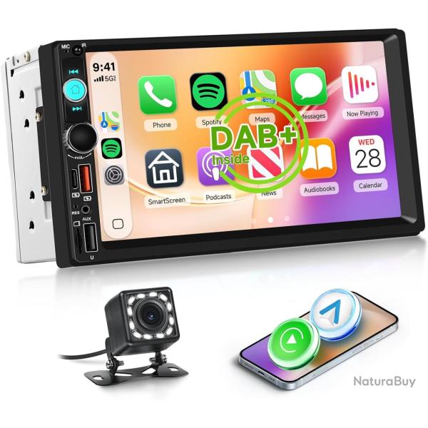 Autoradio Dab+/Dab 2 din Carplay sans Fil Android Auto avec �cran de 7 Pouces, Poste Radio Voiture B