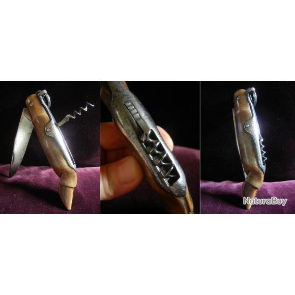SUPERBE ANCIEN COUTEAU A PALME AVEC DOS TIRE-BOUCHON ET MANCHE SABOT