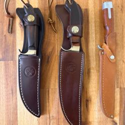Lot de 3 couteaux Olsen OK USA - Vintage - Mod&egrave;les de chasse & survie - Avec &eacute;tuis cuir d'origine