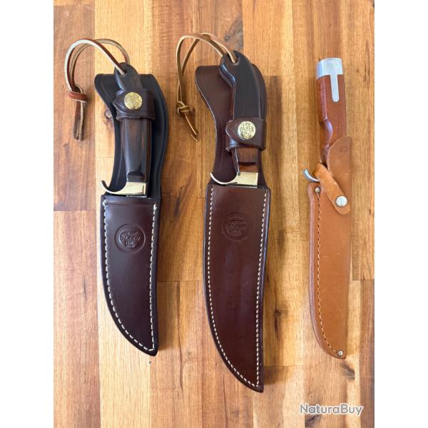 Lot de 3 couteaux Olsen OK USA - Vintage - Mod�les de chasse & survie - Avec �tuis cuir d'origine