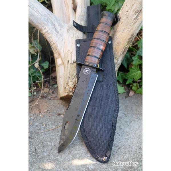 Couteau Tactical Marines Combat Fighting Lame Acier 3Cr13 Serr Black Manche Cuir Etui Style Ka-bar01
