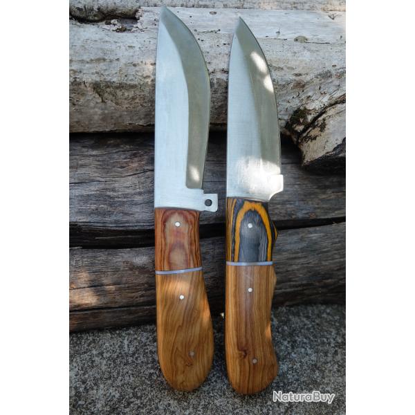 Lot de 2 Couteau de Chasse Skinner Lame Drop Point Acier Carbone 1055 Manche Bois Etui F Artisanale1