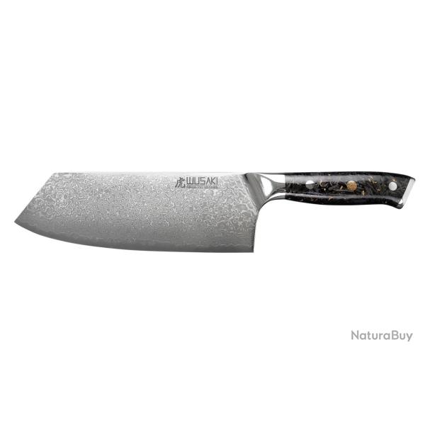Couteau de chef chinois Wusaki Sakin Damas 10Cr 19cm manche en fibre de carbone et feuille d'or