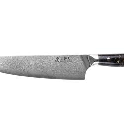 Couteau de chef Wusaki Sakin Damas 10Cr 20cm manche en fibre de carbone et feuille d'or