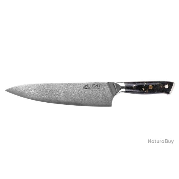 Couteau de chef Wusaki Sakin Damas 10Cr 20cm manche en fibre de carbone et feuille d'or