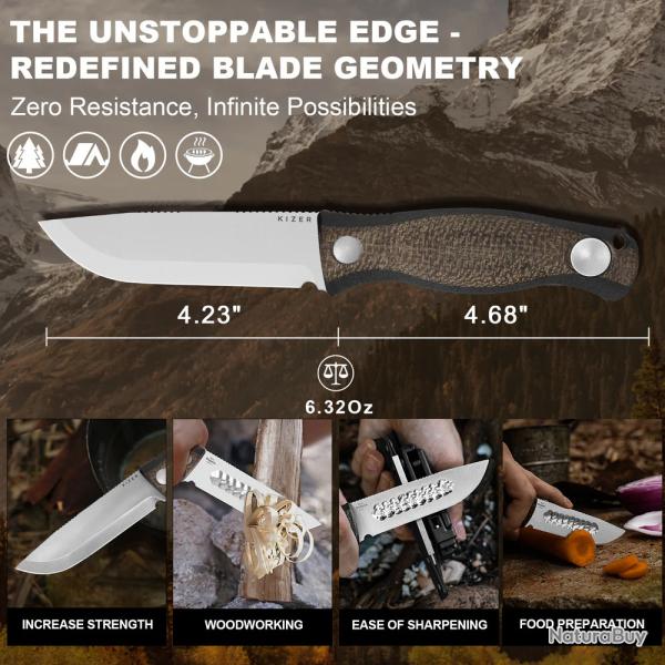 Couteau Kizer Polaris Lame Acier AEB-L Drop Point Manche Burlap Micarta/G10 Etui Kydex KI1100A3