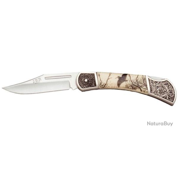 JKR STAINLESS STEEL - Couteau pliant - gravure b�casse - Lame 80mm - Manche Zamak