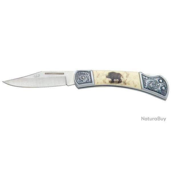 JKR STAINLESS STEEL - Couteau pliant - GRAVURE SANGLIER - Lame 80mm - Manche Zamak