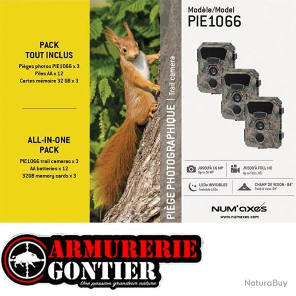 NUM'AXES - Pack 3 Pi�ges photographique PIE1066 + 4 piles AA LR6 + carte m�moire 32 Gb