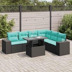 Salon de 7 pcs avec coussins noir r&eacute;sine tress&eacute;e acacia