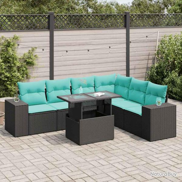 Salon de 7 pcs avec coussins noir r�sine tress�e acacia
