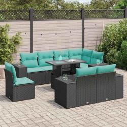 Salon 9 pi&egrave;ces avec coussins noirs, en r&eacute;sine tress&eacute;e et acacia