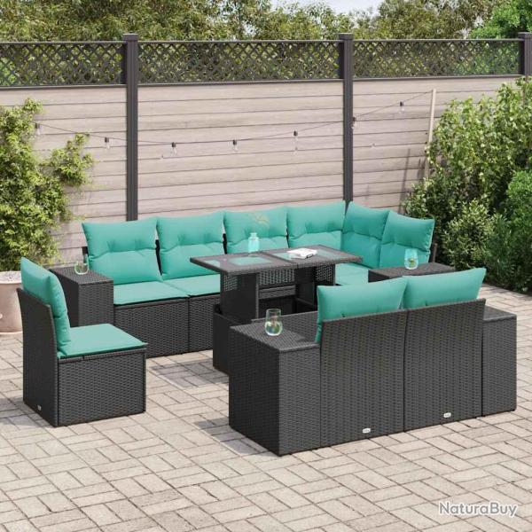 Salon de 9 pcs avec coussins noir r�sine tress�e acacia