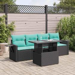 Salon de avec coussins 5pcs noir r&eacute;sine tress&eacute;e acacia