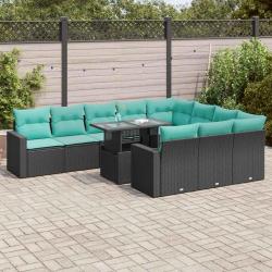 Salon de et coussins 11 pcs noir r&eacute;sine tress&eacute;e acacia