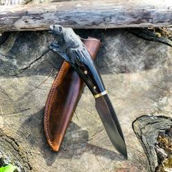 couteau d'artisan " l'ours noir " lame acier carbone 1075 , manche corne de buffle noir