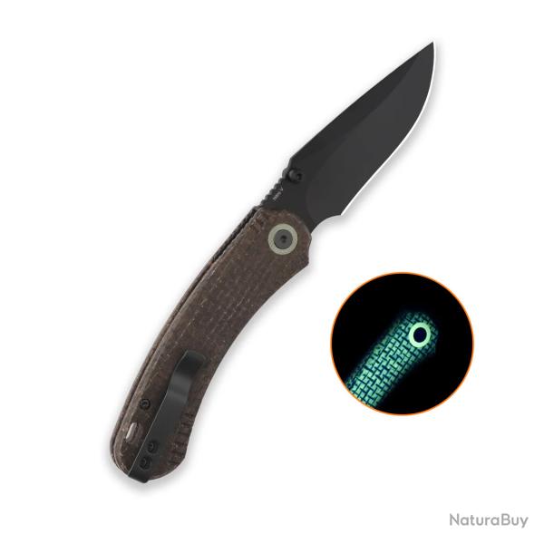 Couteau QSP Coyote Lame Acier Nitro-V Clip Point Manche Micarta Marron Glow Button Clip QS174A1