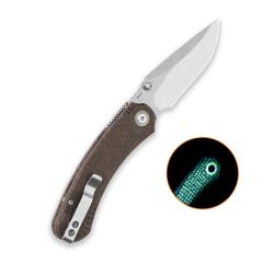 Couteau QSP Coyote Lame Acier Nitro-V Noire Clip Point Manche Marron Glow Button Liner Lock QS174A2