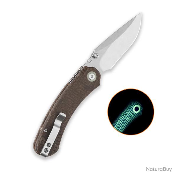 Couteau QSP Coyote Lame Acier Nitro-V Noire Clip Point Manche Marron Glow Button Liner Lock QS174A2