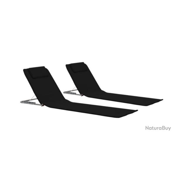 Tapis plage pliable acier tissu noir 160x53x47 cm dossier r�glable 2 pcs