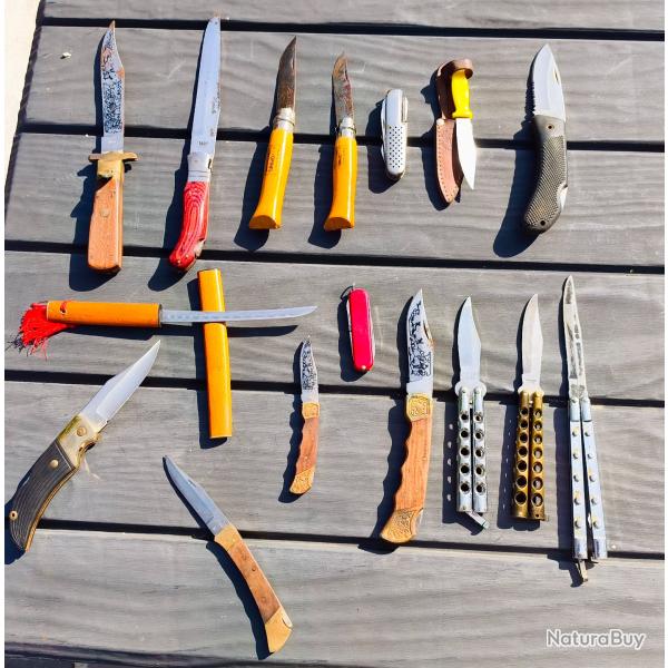 Lot de 16 couteaux sorti du garage. Pour restauration. Un laguiole, 2 opinel, 1 suisse....