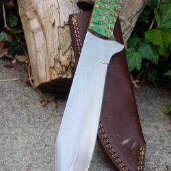 Couteau Bowie Bushcraft Chasse Lame Acier Carbone 1055 Manche Bois 3D Etui Cuir Fabr Artisanale