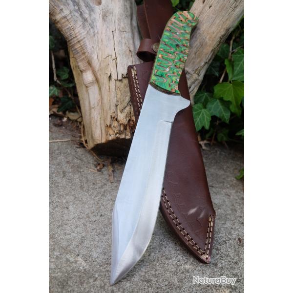 Couteau Bowie Bushcraft Chasse Lame Acier Carbone 1055 Manche Bois 3D Etui Cuir Fabr Artisanale