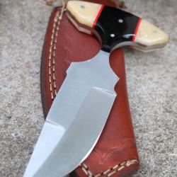 Couteau Push Dagger Lame Acier Carbone 1055 Manche Os & Corne Etui CUir Fabric Artisanale 001